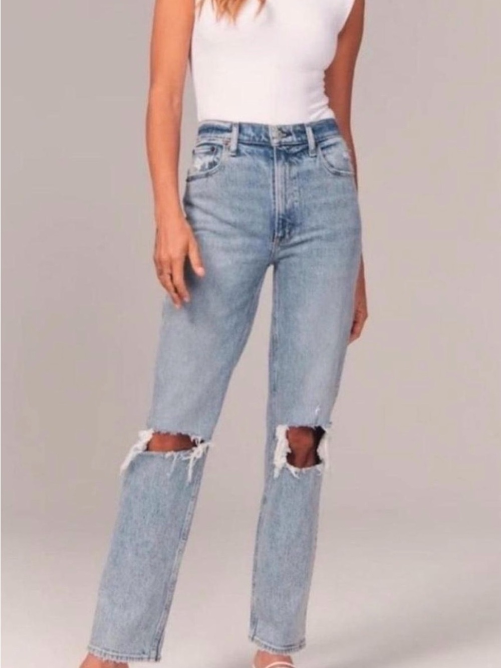 Abercrombie & Fitch Light Blue Ripped High-Rise Straight Jeans